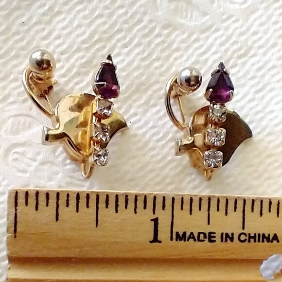 Vintage Brooch Scatter Pins (2) Rhinestones Candle Leaf Design Gold Tone Metal - Picture 6 of 8